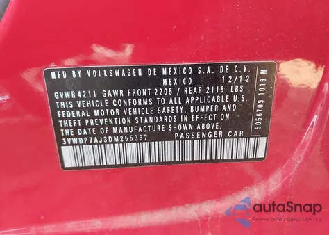 2013 Volkswagen Jetta Se z USA, uszkodzony, nr VIN 3VWDP7AJ3DM255397